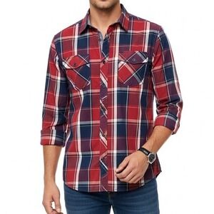 Eighty Eight Platinum Mens L Long Sleeve Red Blue Button Down Plaid Shirt Cotton